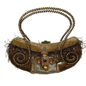 Vintage Mary Frances Beaded Gold Bling Hand Decorated Purse Handbag Faux Gems